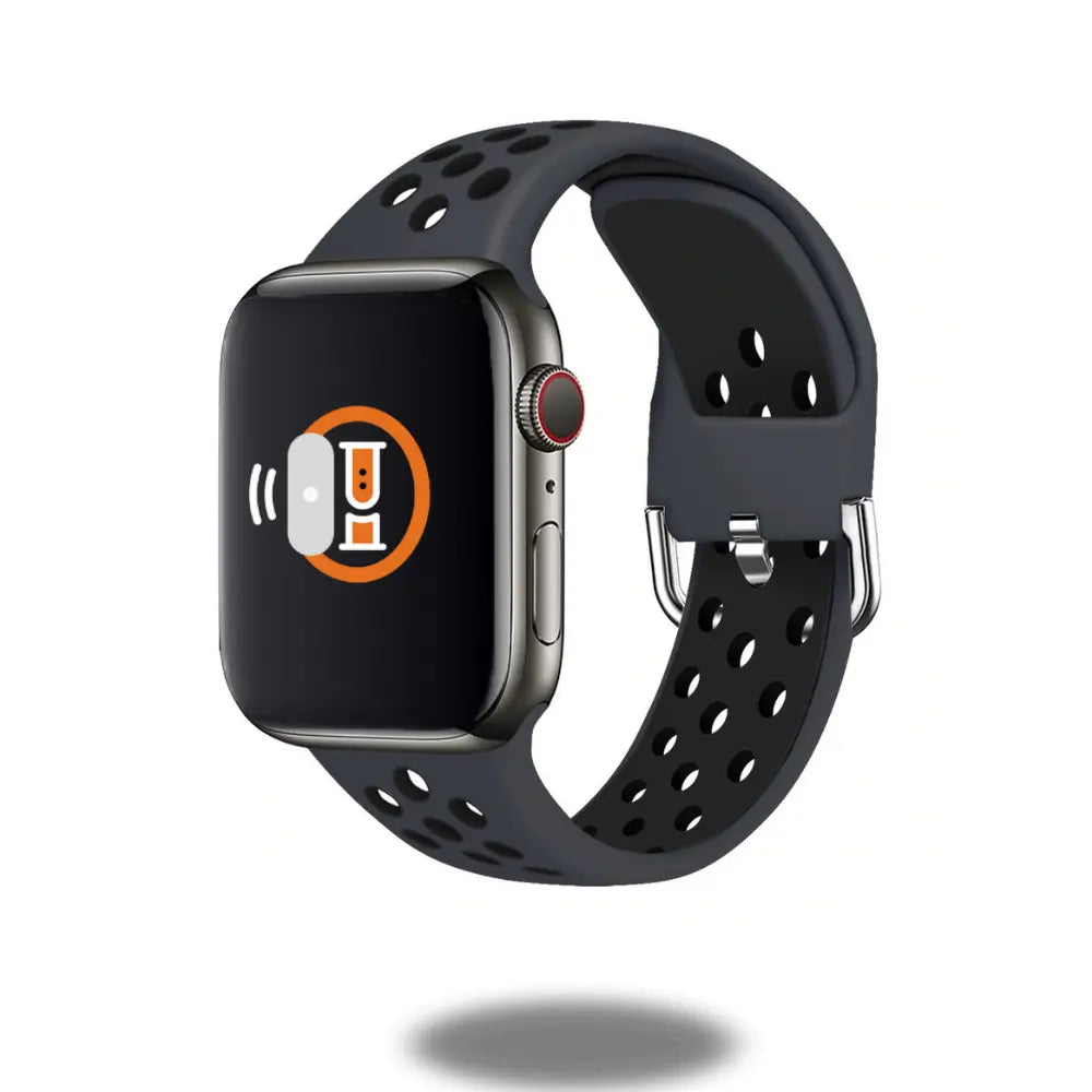 Silicone sport band with metal buckle on smartwatch, perfect for outdoor activities, waterproof and comfortable.