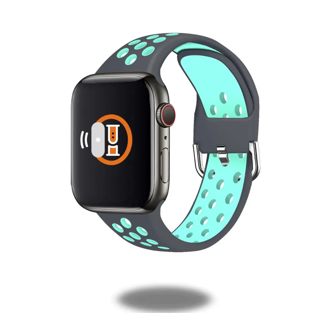 Silicone sport band with metal buckle for smartwatches, featuring a breathable design and vibrant color accents.