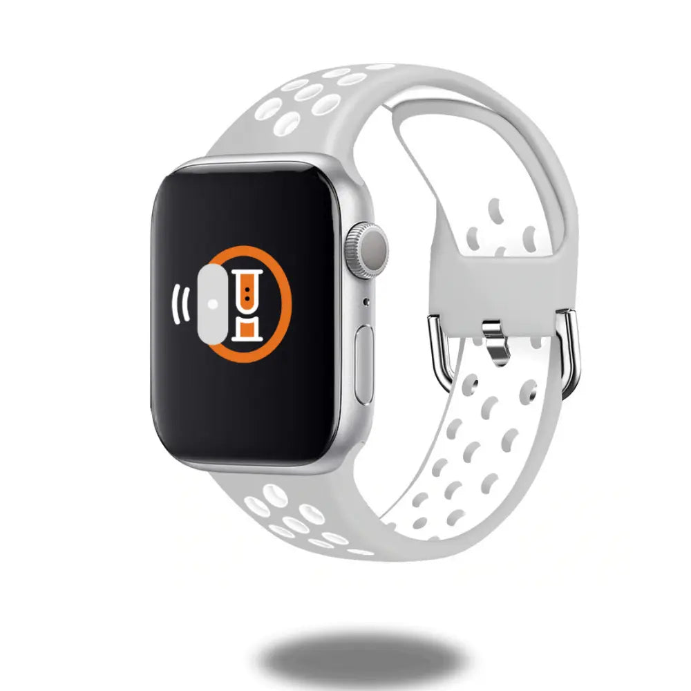 Silicone sport band with metal buckle on smartwatch, designed for outdoor activities like hiking and swimming.