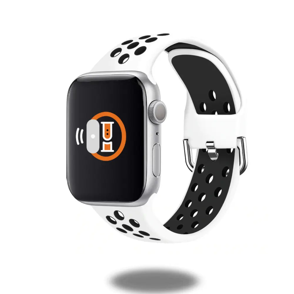 Silicone sport band with metal buckle for smartwatches, designed for comfort and durability in outdoor sports activities.