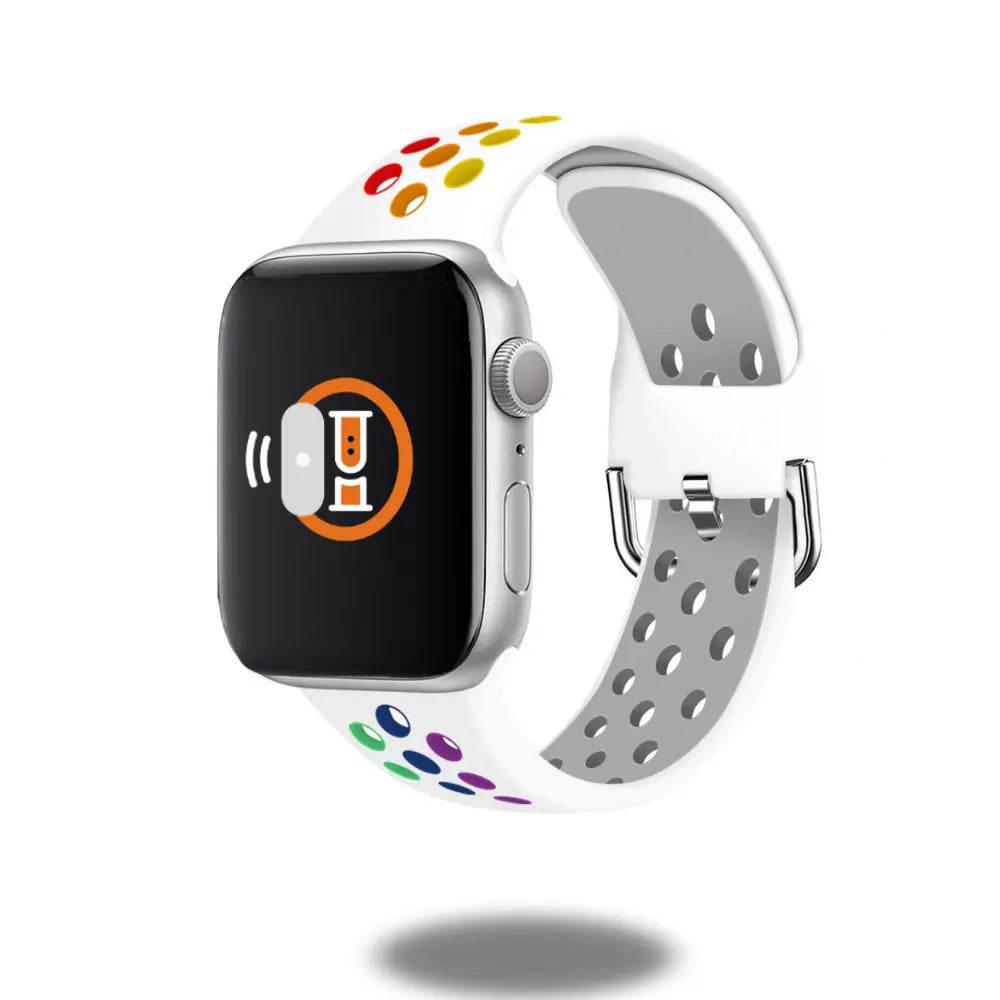 Silicone sport band with metal buckle, designed for outdoor activities and featuring a vibrant color pattern.