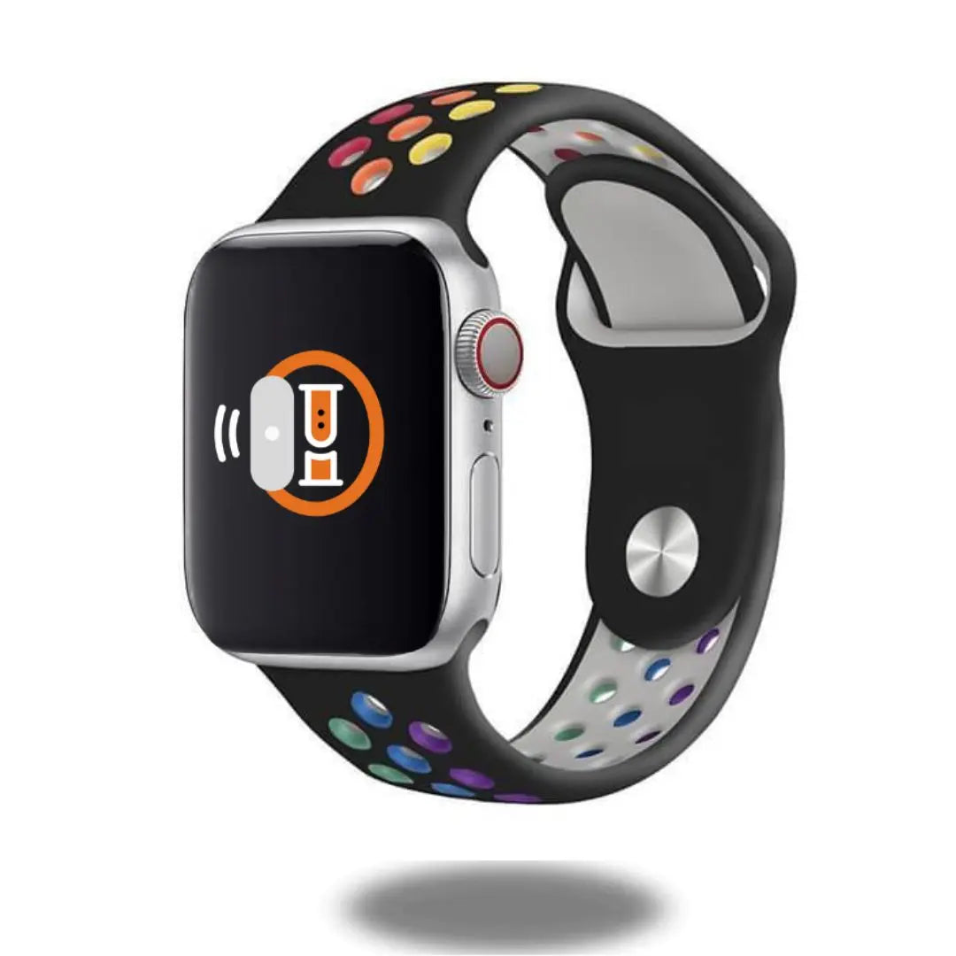 Colorful Pride silicone sports band on smartwatch, featuring a joyful design suitable for outdoor activities.