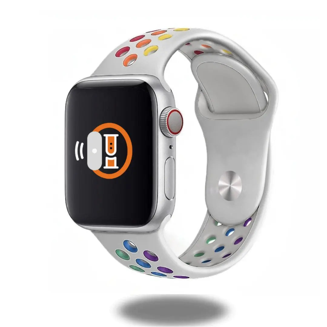 Colorful Pride Silicon Sports Band on smartwatch, soft and durable band perfect for outdoor activities.