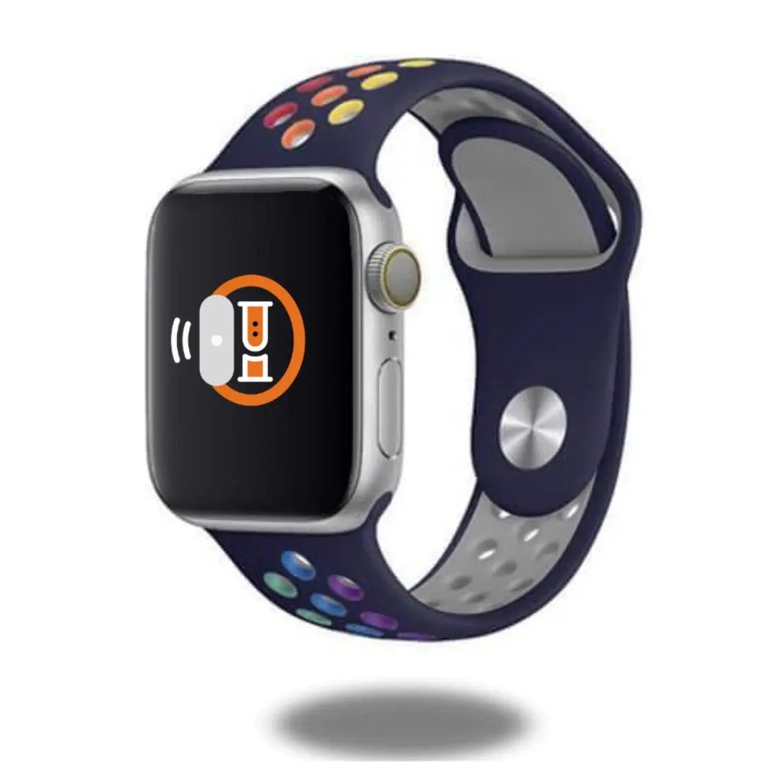 Colorful Pride silicone sports band on smartwatch, showcasing joyful design, soft and durable construction for men and women.