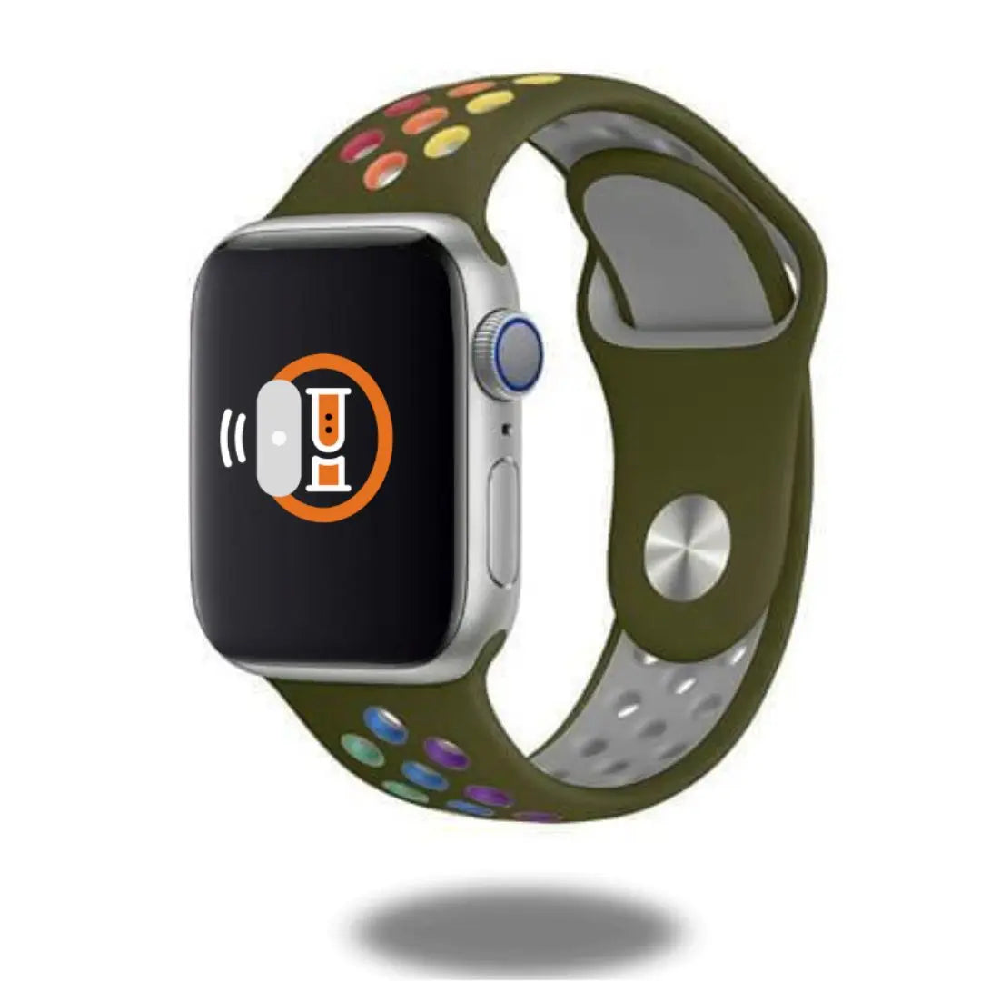 Colorful Pride silicon sport band on smartwatch, featuring unique design and durable construction, suitable for outdoor activities.