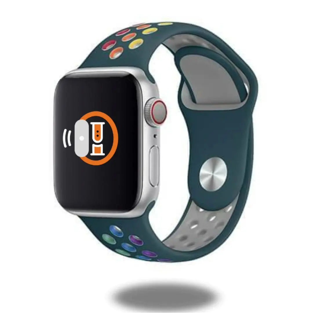 Colorful Pride silicon sports band on an Apple Watch, soft and durable for gym and outdoor activities.