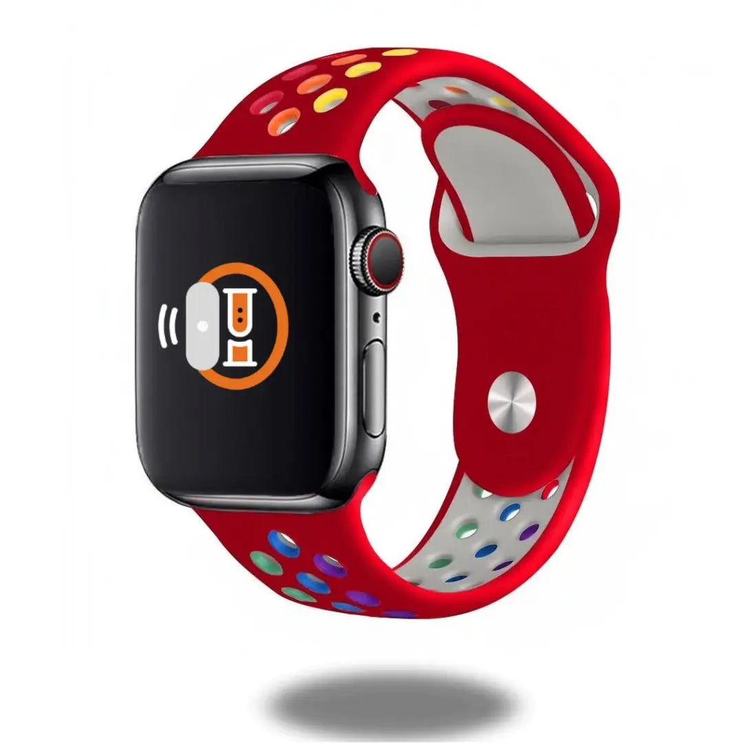 Colorful Pride silicone sports band on smartwatch, showcasing a vibrant design and laser-etched pin-and-tuck closure.