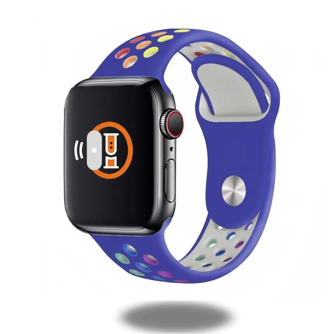 Colorful Pride silicone sports band on smartwatch, showcasing a joyful design with unique pin-and-tuck closure.
