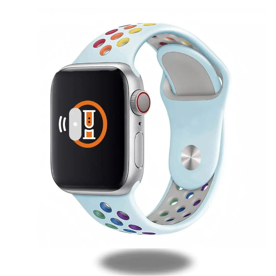 Colorful Pride Silicon Sports Band on smartwatch, featuring soft, durable design and unique pin-and-tuck closure.
