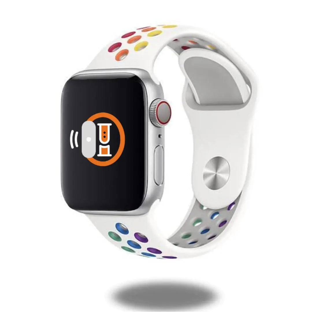 Colorful Pride Silicon Sports Band on smartwatch, featuring durable design and joyful colors. Ideal for outdoor activities.