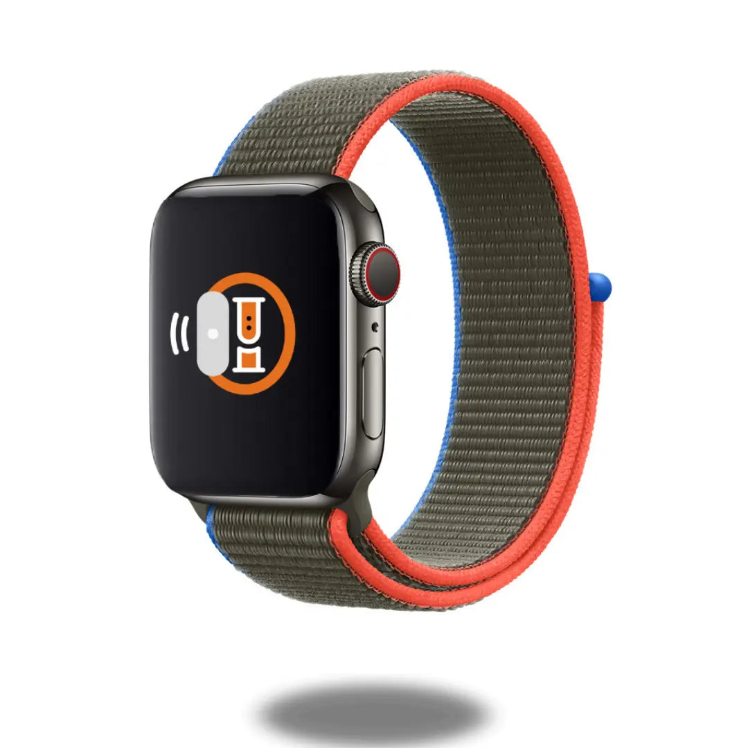 Sport Loop Band for Apple Watch in gray and orange, showcasing colorful woven nylon design, fits 38mm/40mm/41mm.