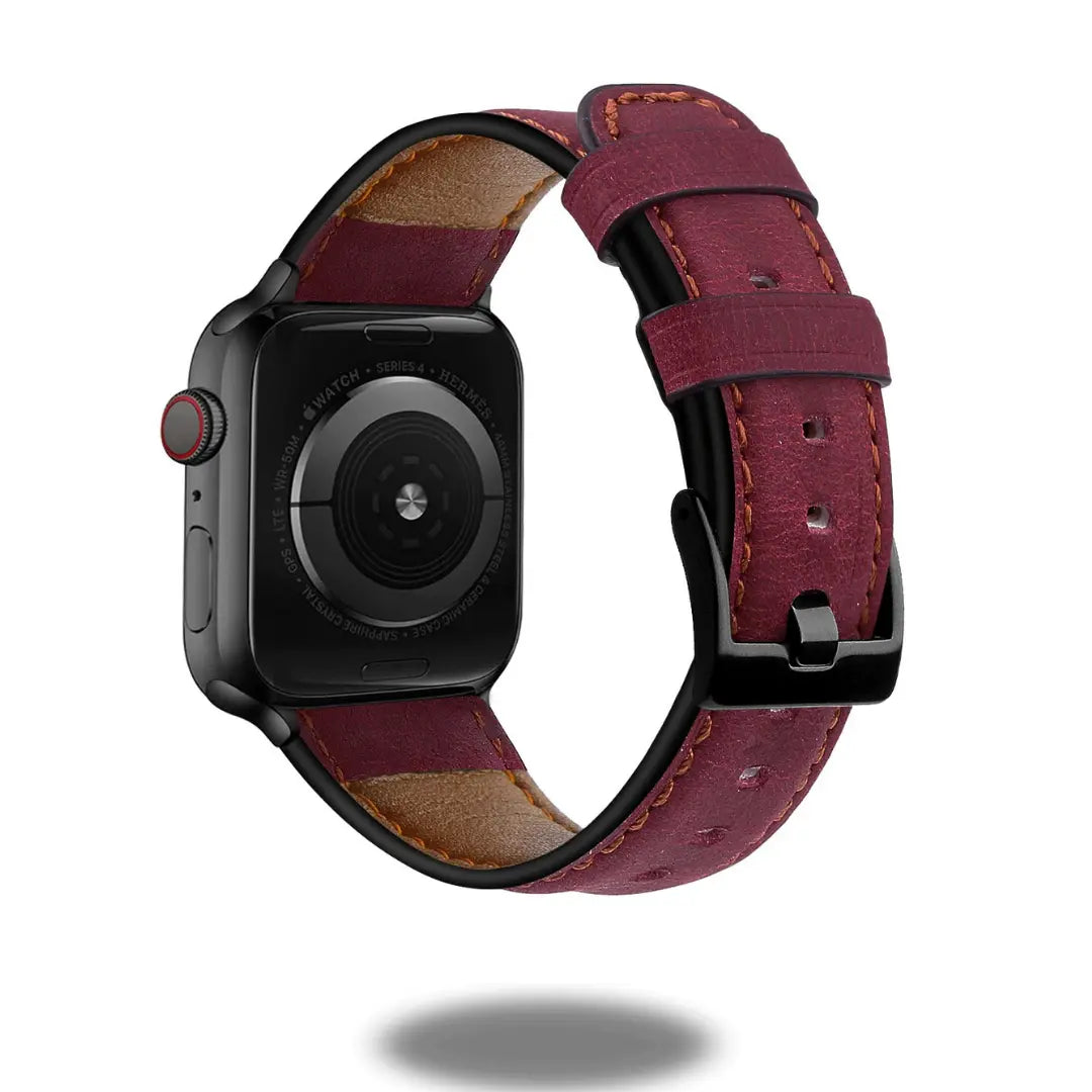 Retro style leather Apple Watch strap in burgundy, crafted from genuine cowhide for luxury and durable styling.