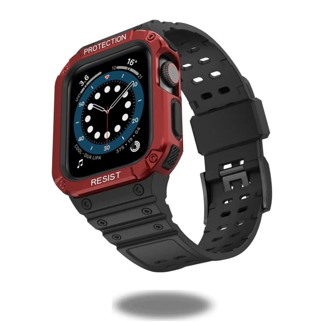 Silicon rugged band and case for Apple Watch in black and red, offering sweat-proof, shock protection for athletes.
