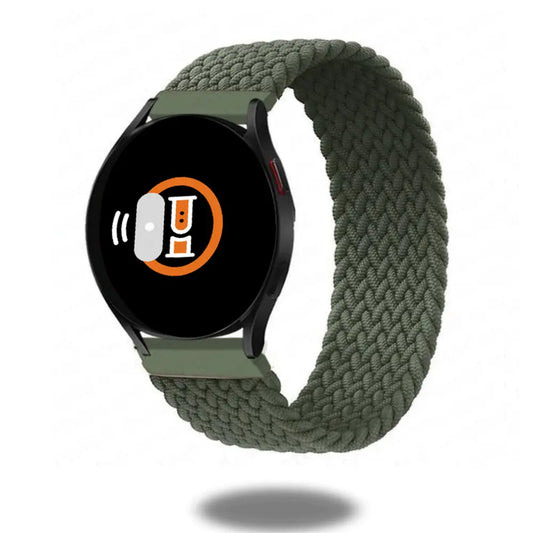 Braided Solo Loop watch band in olive green, made from comfortable, elastic nylon material for stylish and durable wear.