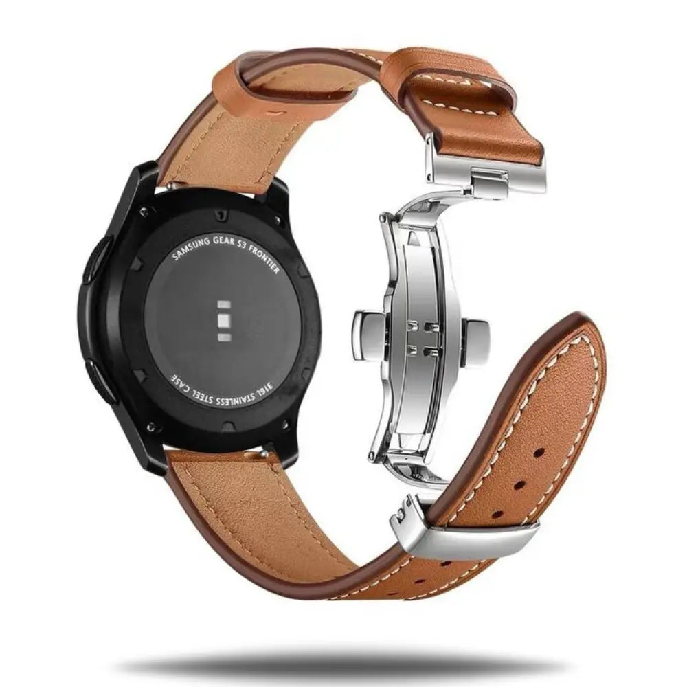 20mm and 22mm leather watch strap featuring a comfortable brown design and secure stainless steel butterfly buckle.