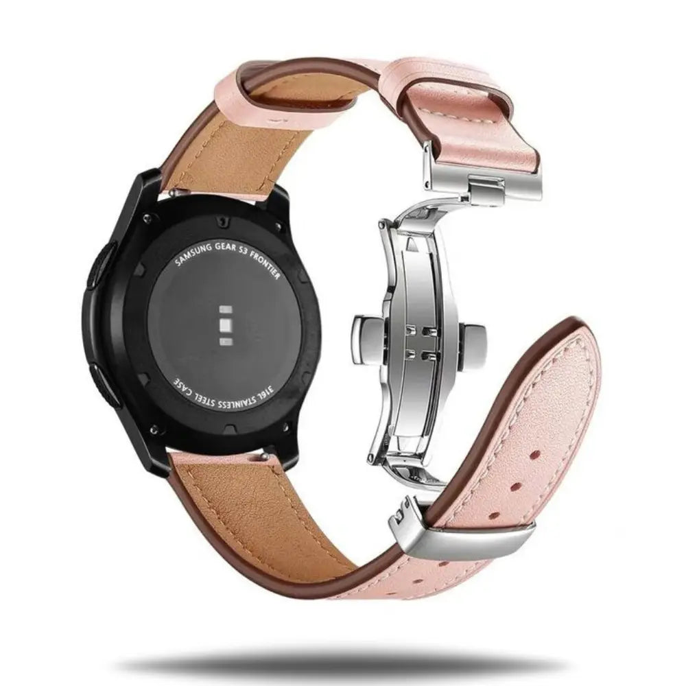 Trendy pink leather strap for Huawei Watch, showcasing 100% genuine leather and stainless steel butterfly buckle.