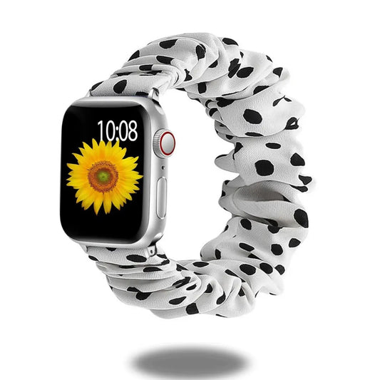 Scrunchie band for Apple Watch with black polka dots and sunflower display, stylish and comfortable fabric.