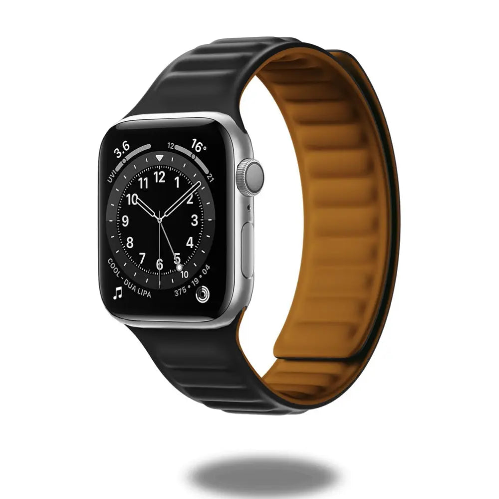 Silicone Magnetic Link Loop band for Apple Watch, compatible with all series including Ultra 3, shown on black watch.