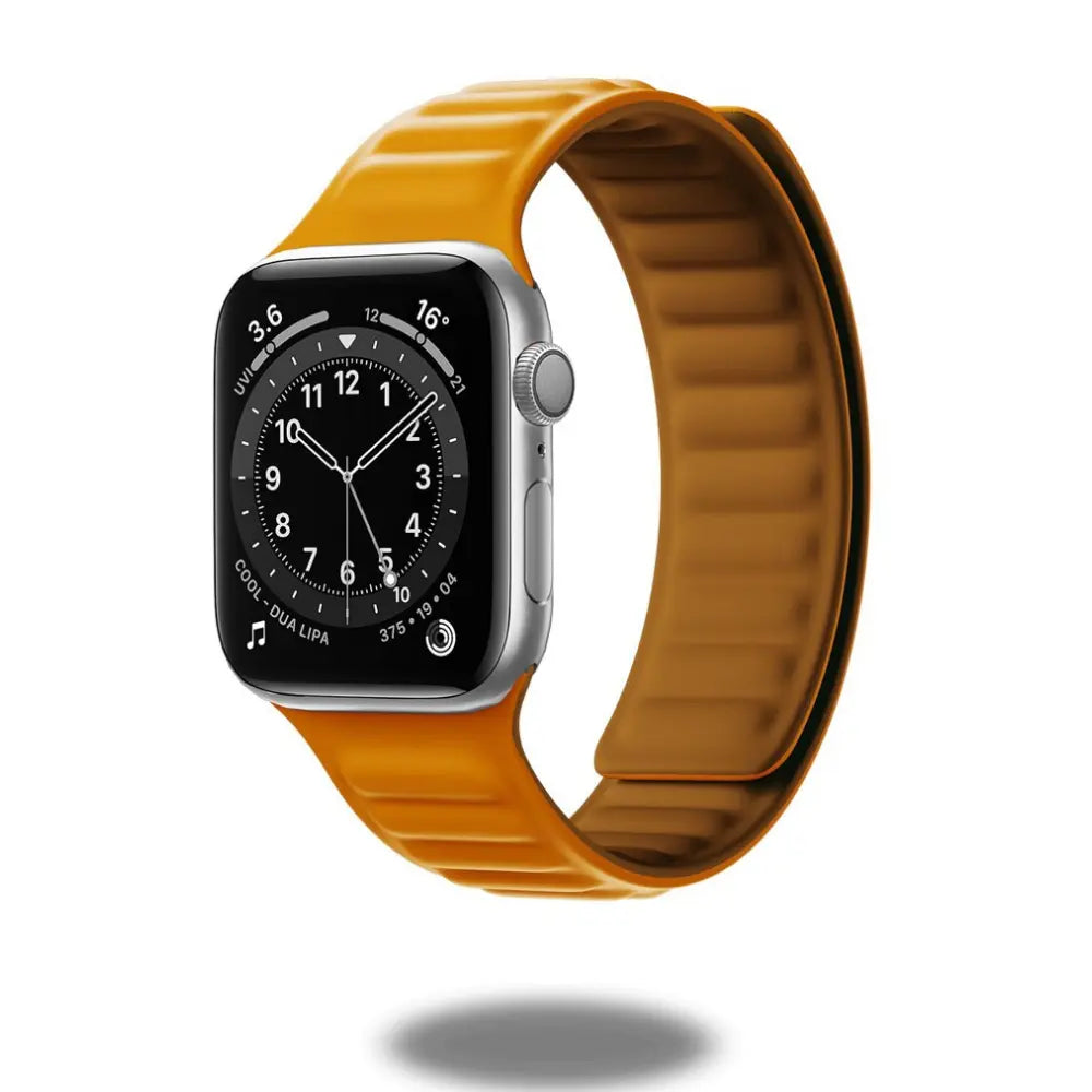 Silicone magnetic link loop band for Apple Watch in vibrant orange, compatible with all latest Series including Ultra 3 and SE.