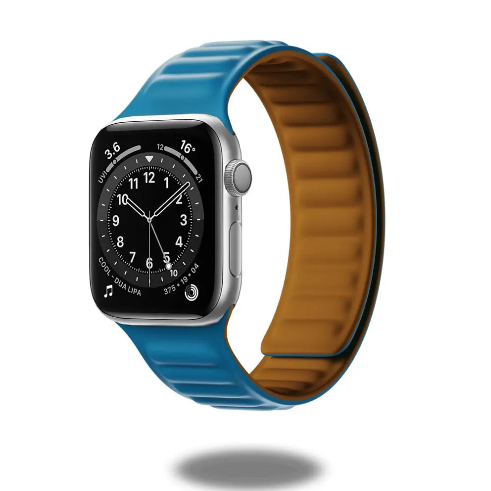 Silicone magnetic link loop band for Apple Watch in blue and brown, compatible with all series including Ultra and SE.