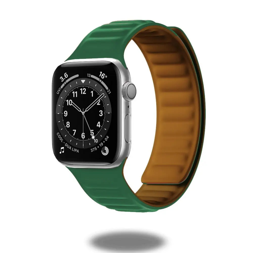 Silicone Magnetic Link Loop for Apple Watch in green and brown, compatible with all series from 1 to Ultra 3, stylish and functional.