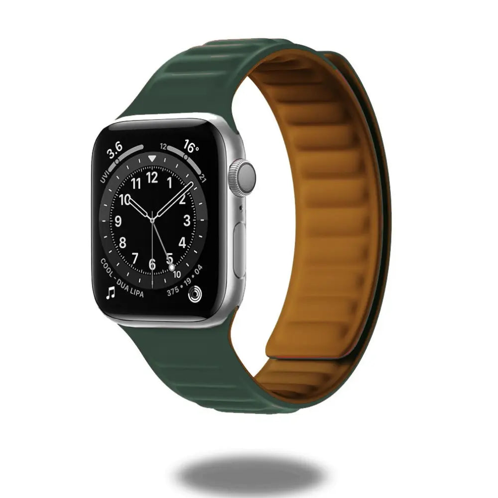 Silicone Magnetic Link Loop band for Apple Watch in green and brown, compatible with all Apple Watch models.