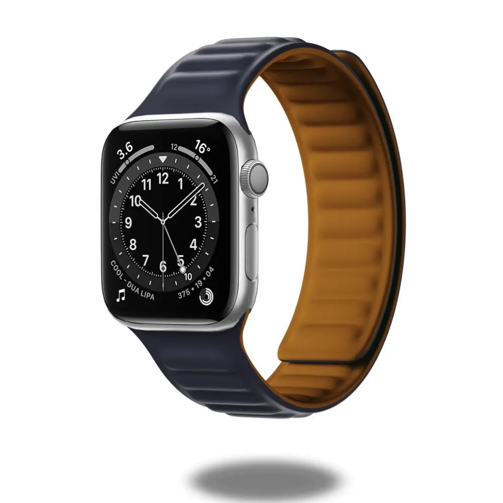 Silicone Magnetic Link Loop band for Apple Watch Ultra 3, Series 11 to 1 in navy blue and tan color.