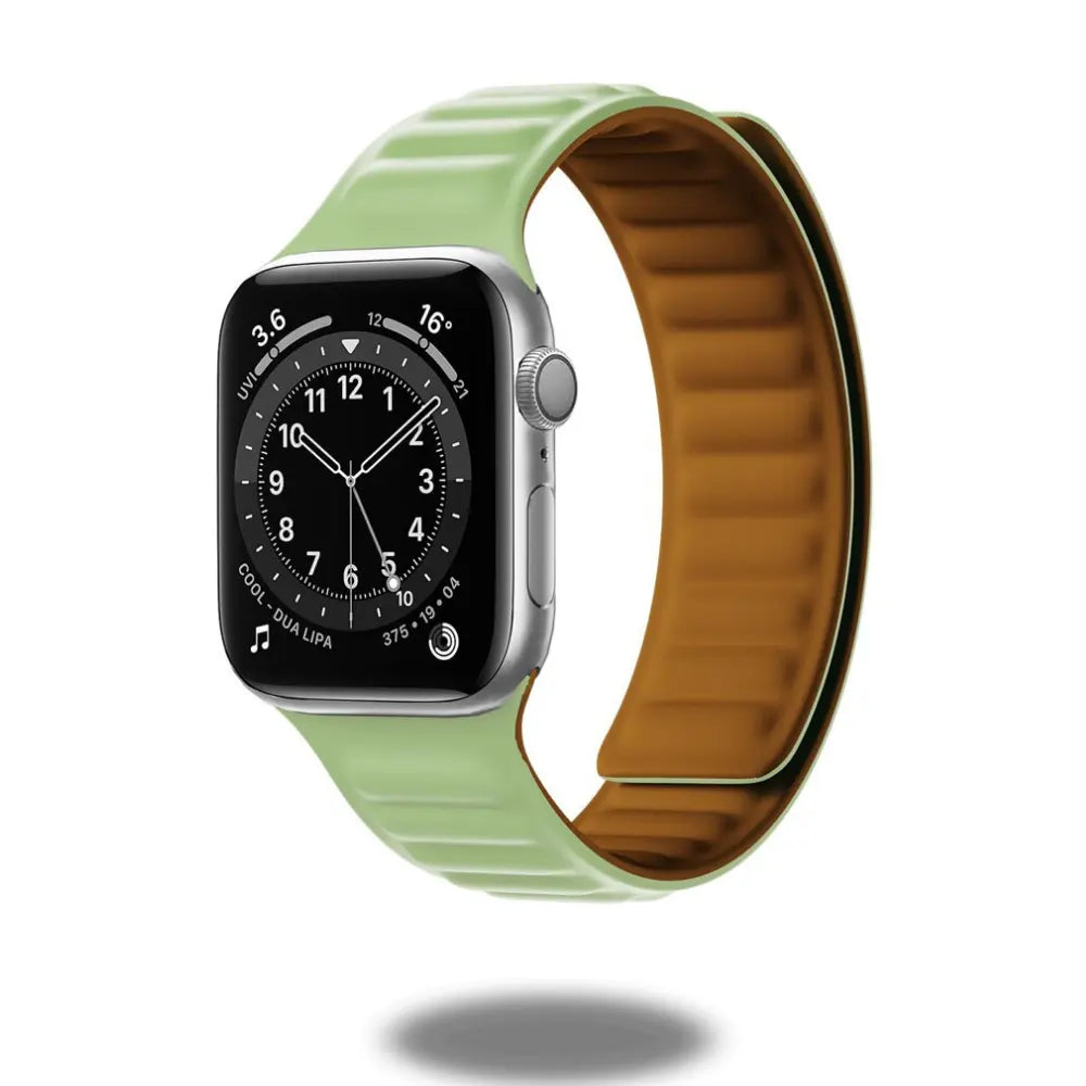 Silicone Magnetic Link Loop band for Apple Watch in green, compatible with all models including Series 1-10 and Ultra.