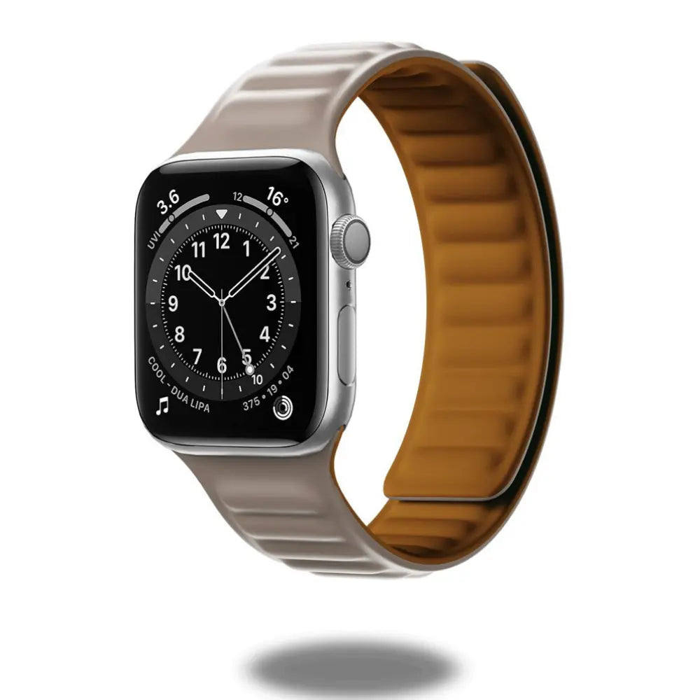 Silicone Magnetic Link Loop band for Apple Watch in grey and brown, compatible with multiple series and sizes.