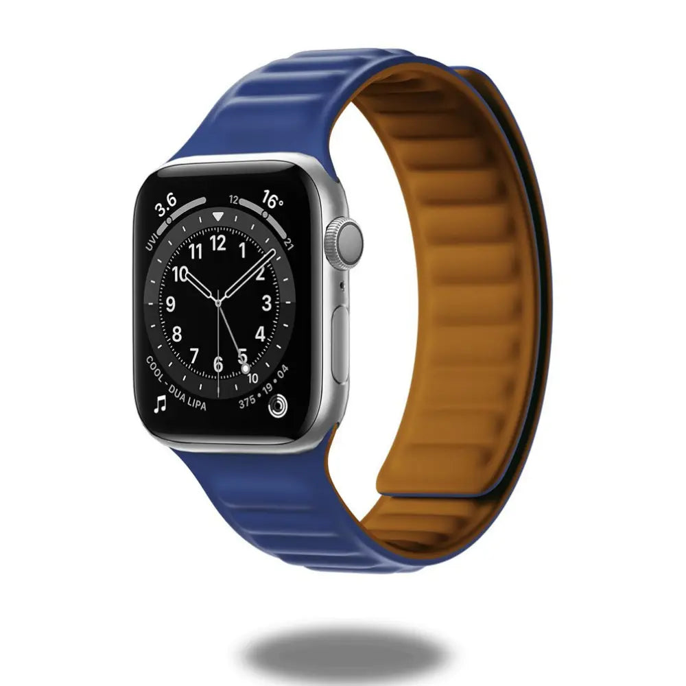 Silicone magnetic link loop band for Apple Watch in blue and brown, compatible with all Apple Watch sizes.