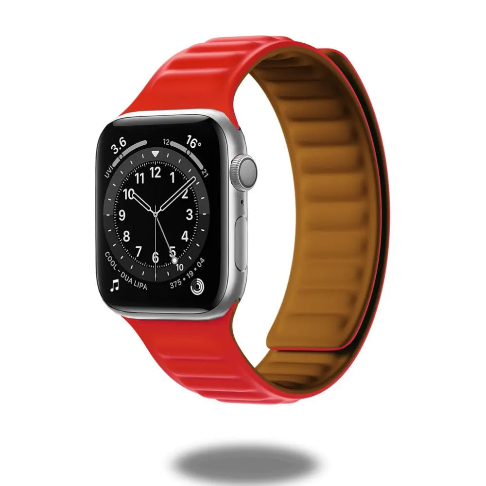 Silicone Magnetic Link Loop band for Apple Watch in red, compatible with various sizes from 38mm to 49mm.