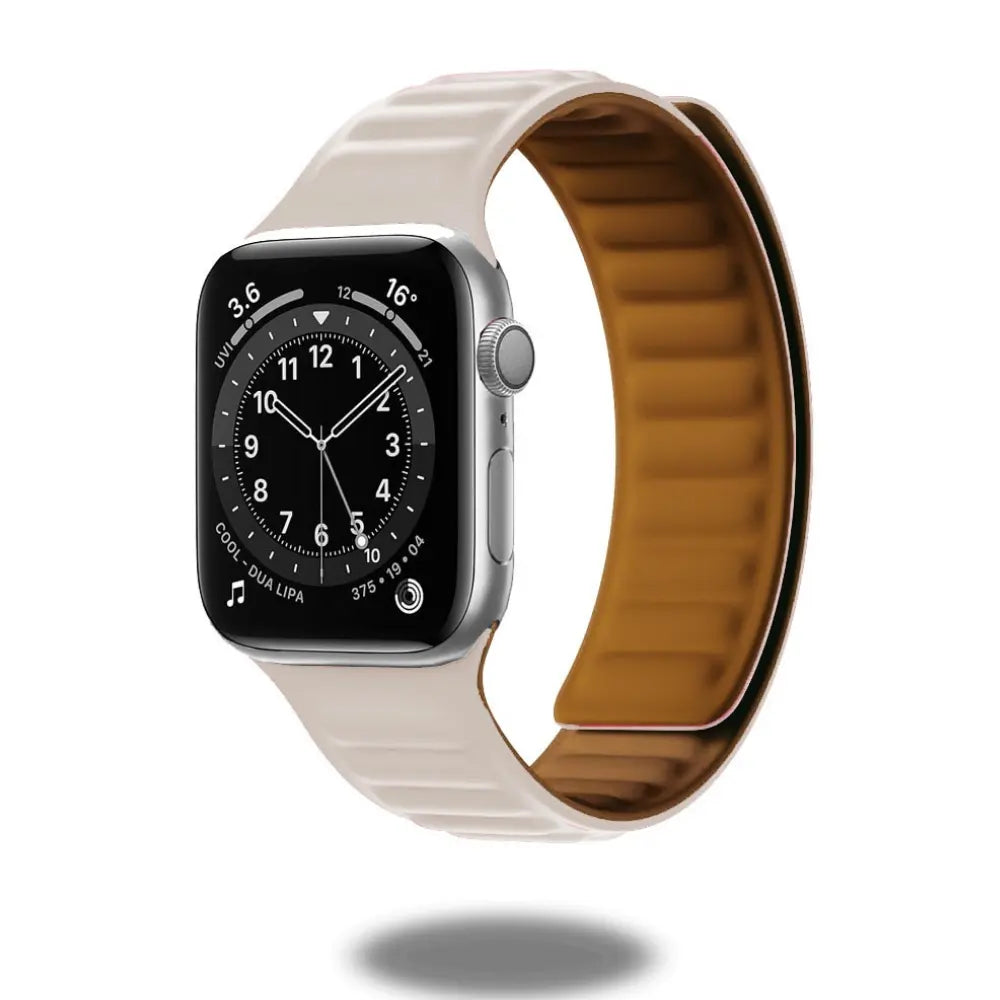 Silicone Magnetic Link Loop band for Apple Watch in white and brown, compatible with all models including Apple Watch Ultra.