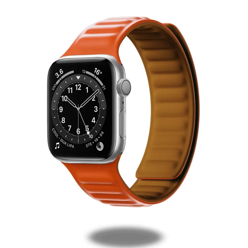 Silicone magnetic link loop band for Apple Watch in orange, designed to fit all models including Series 1 to 10 and Ultra versions.