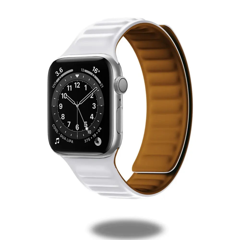 Silicone magnetic link loop band for Apple Watch in white and brown, compatible with multiple series and sizes.