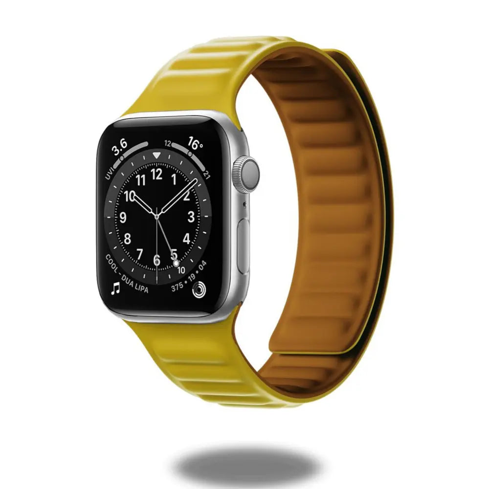 Silicone Magnetic Link Loop band for Apple Watch in vibrant yellow, compatible with all Apple Watch Series and sizes.