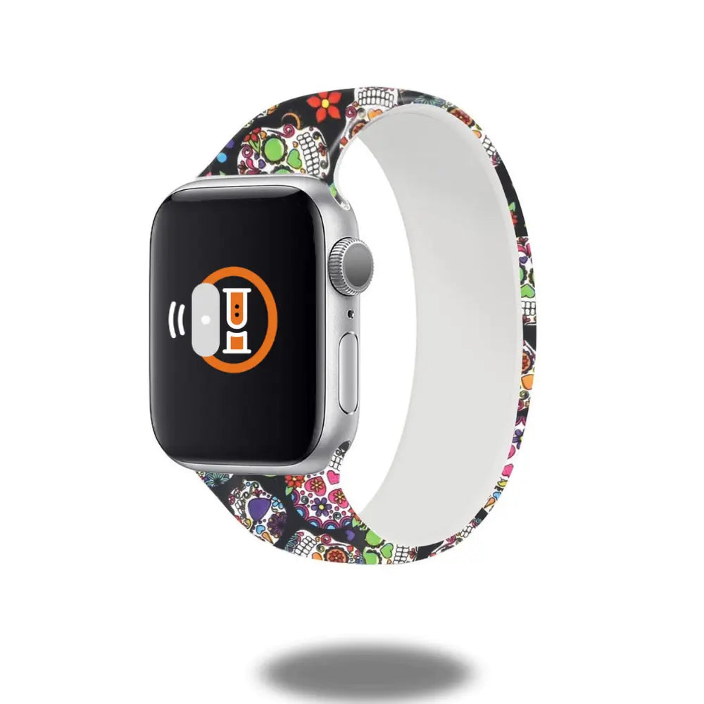 Colorful Pattern Silicon Solo Loop watch band featuring vibrant skull design, stylish silicone material for a trendy look.
