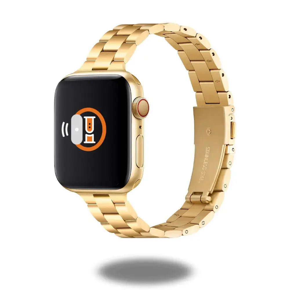 Slim metal bracelet for Apple Watch in gold, showcasing a premium stainless steel design for a chic look.