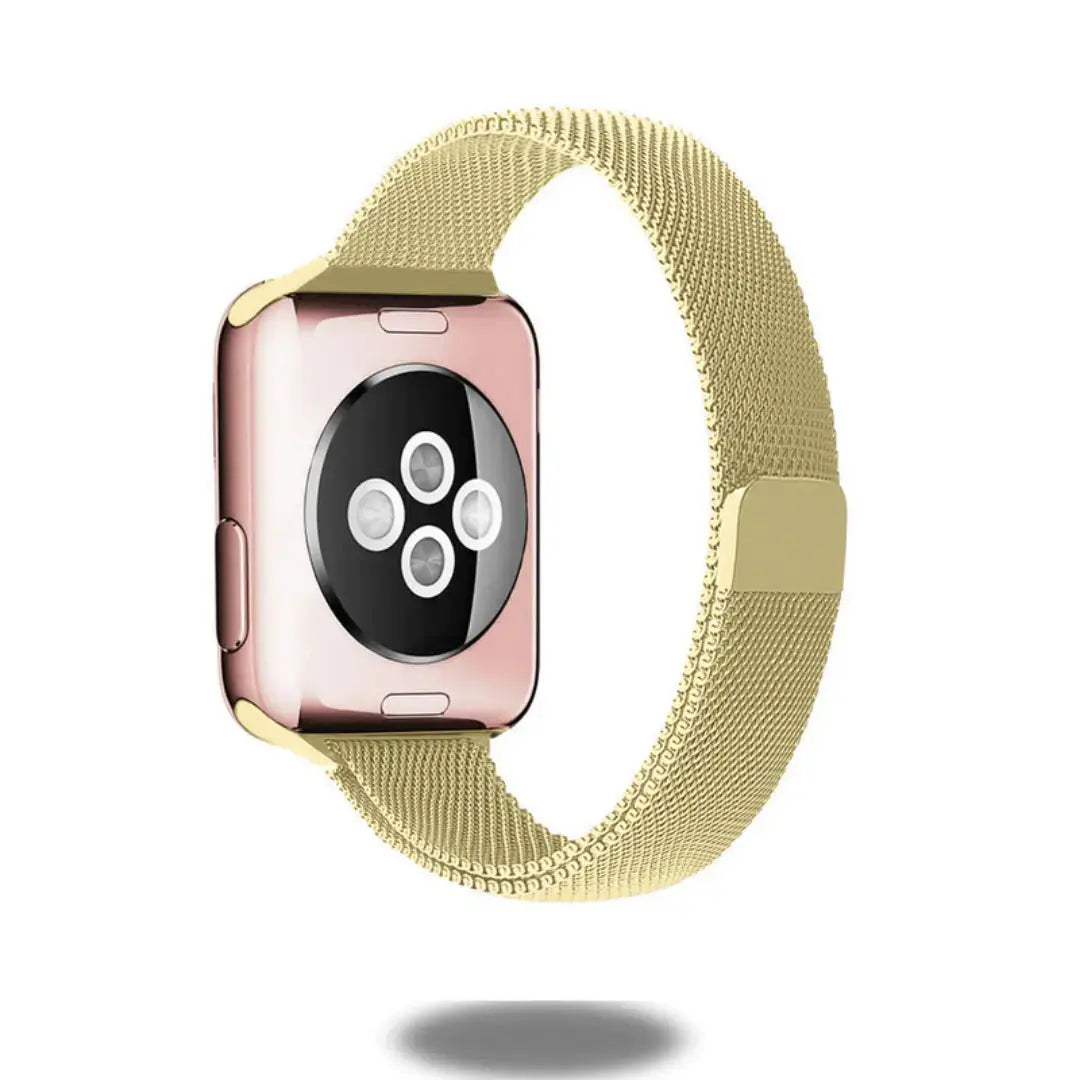 Slim Milanese Magnetic loop in gold, modern stainless steel mesh watch band for adjustable fit and elegant style.