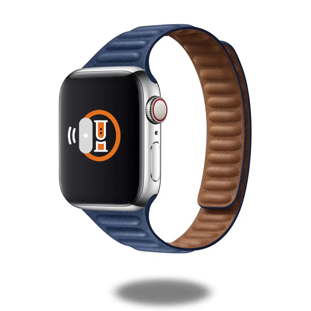 Slim Leather Link Loop band in two-tone blue and brown, showcasing elegant and handcrafted design for Apple Watch.