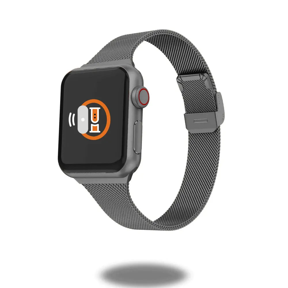Slim Milanese Loop with secured clasp, stainless steel iWatch band for a professional look, adjustable for 5.7-7.6 inch wrists.