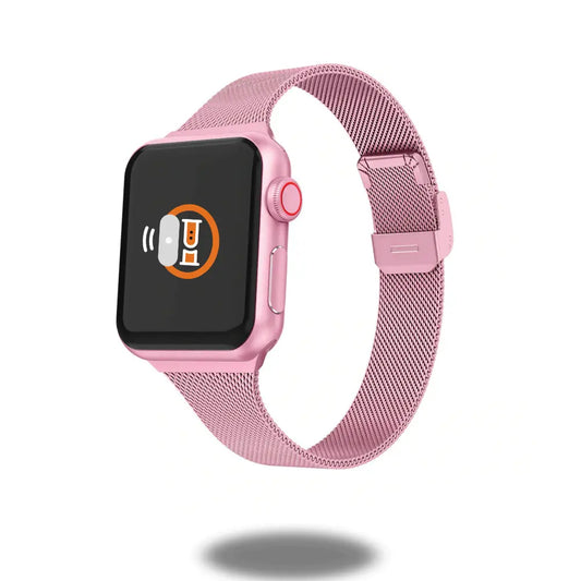 Slim Milanese Loop iWatch band in pink with secured clasp for a professional look and adjustable fit.