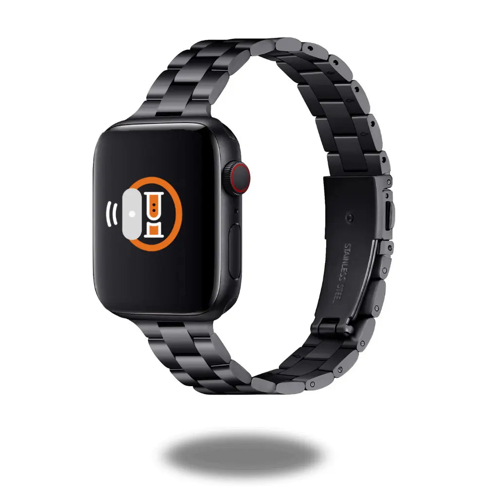 Slim metal bracelet for Apple Watch, premium stainless steel, chic design, enhances comfort and femininity.