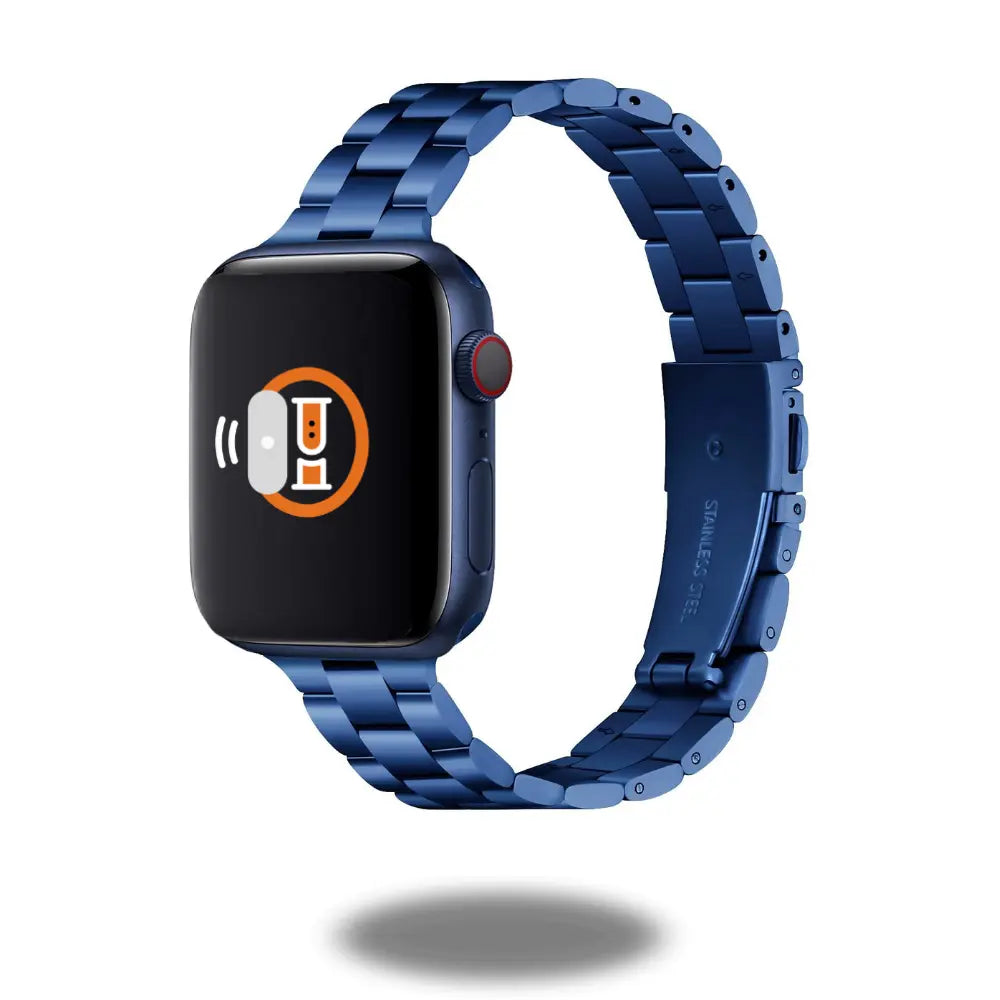 Slim metal bracelet for Apple Watch in blue, showcasing a stylish and feminine design.