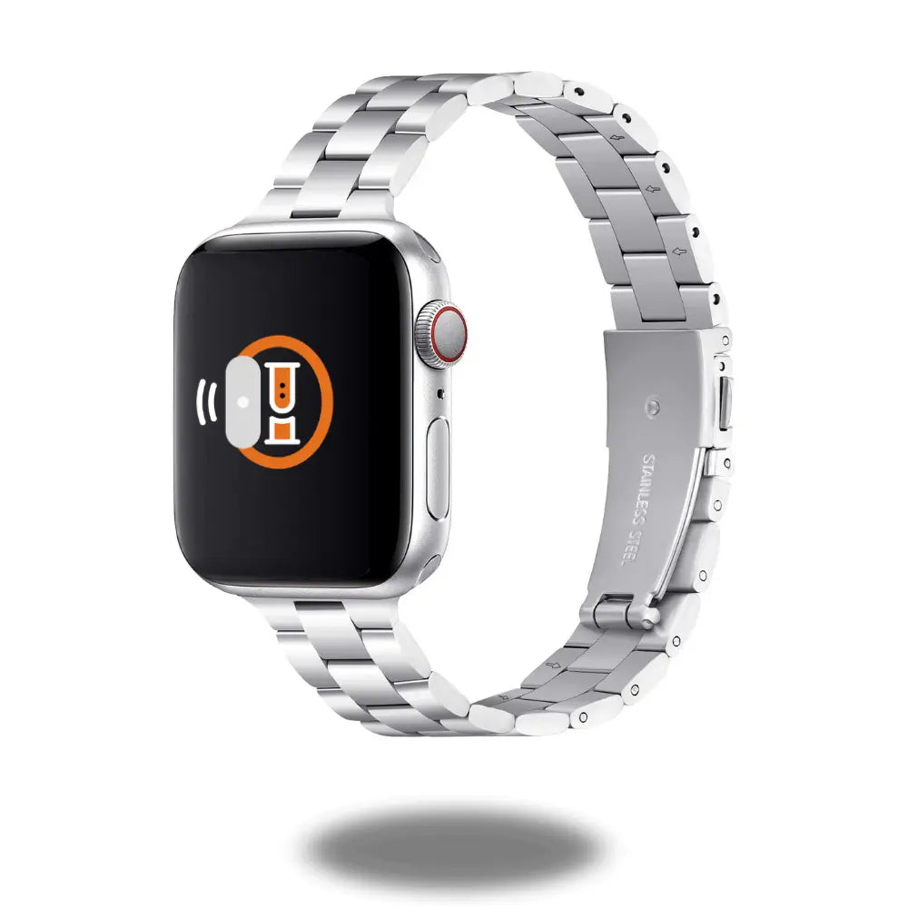 Slim metal bracelet for Apple Watch showcasing premium stainless steel design, perfect for a chic and feminine look.