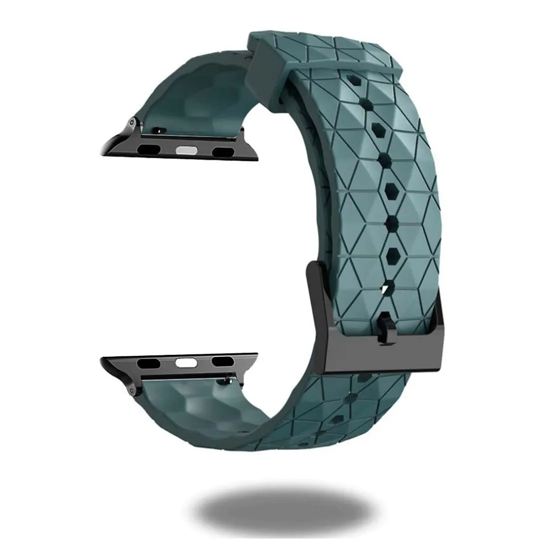 Silicon rugged Apple Watch band in teal with geometric pattern, designed for soccer lovers and sporty durability.
