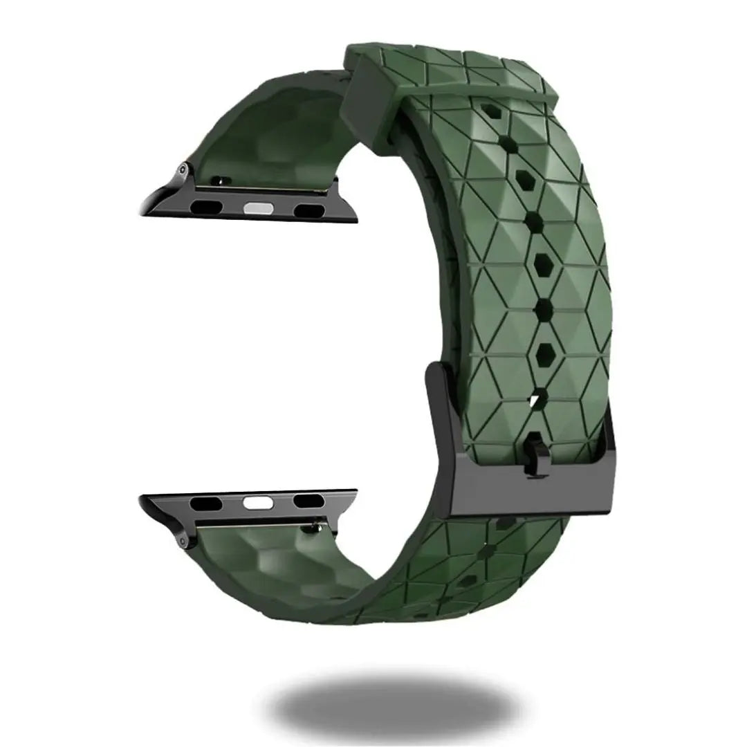 Green silicone rugged Apple Watch band with black connectors featuring a textured hexagonal design for sports enthusiasts.