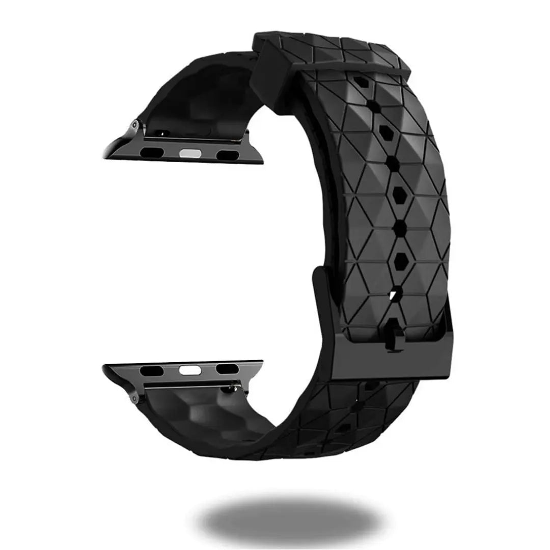 Silicon rugged Apple Watch band with a unique football pattern, designed for soccer lovers, featuring black stainless steel connectors.