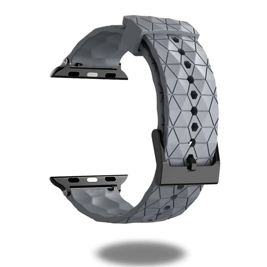 Silicone rugged Apple Watch band in gray with a hexagonal pattern, designed for active soccer lovers.