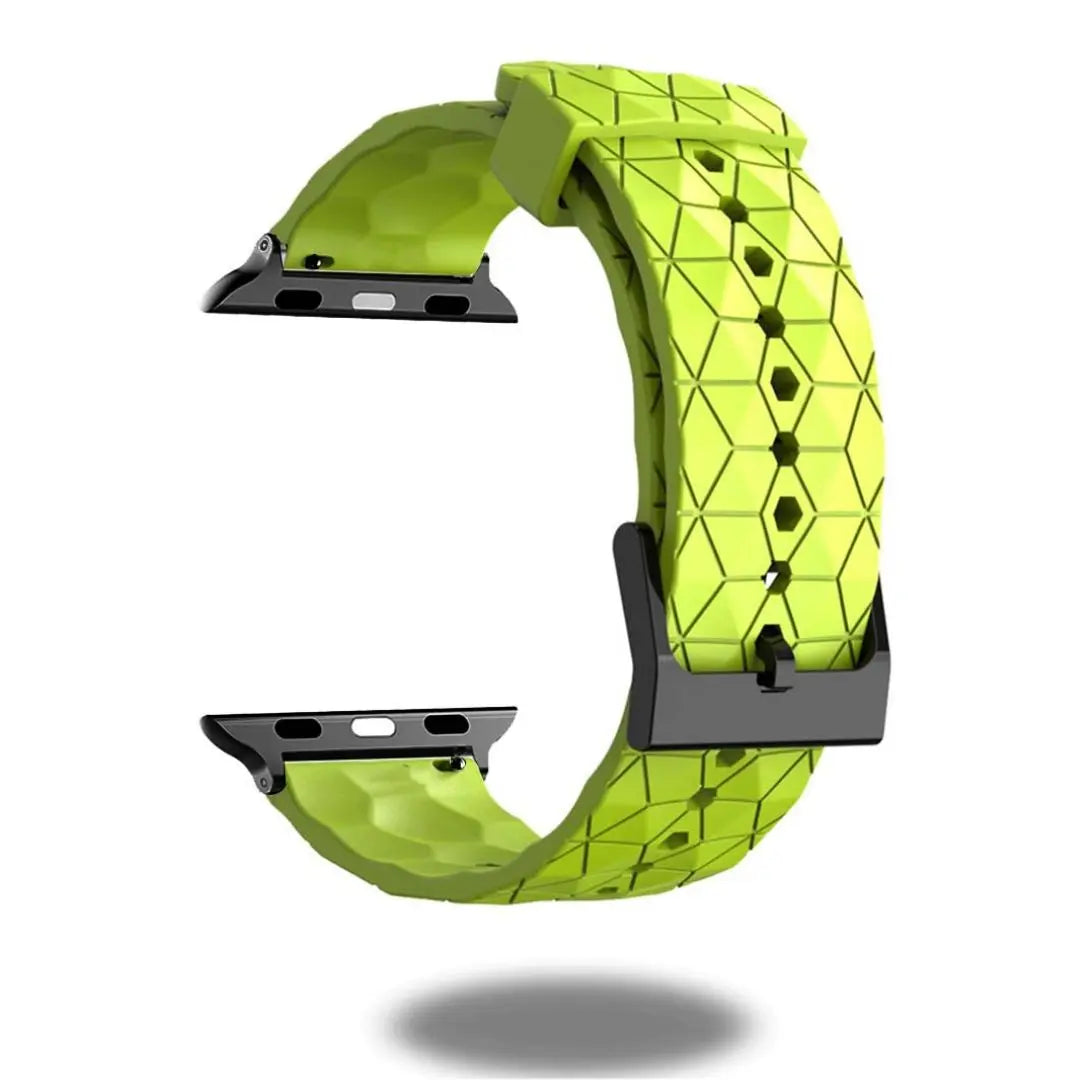 Silicon rugged Apple Watch band in bright yellow with honeycomb design and black connectors, perfect for soccer lovers.