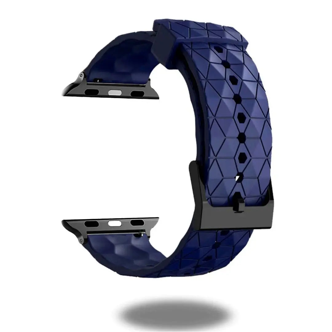 Silicon rugged Apple Watch band in navy blue with black stainless steel connectors, designed for soccer lovers.
